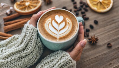 Obraz na płótnie Canvas close up of woman in a cosy warm sweater holding a cup of coffee with latte art flat lay with copy space