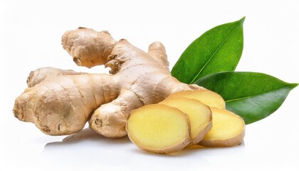 ginger root with leaves isolated on white background