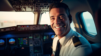Male pilot sitting in an airplane cockpit, looking at camera  smiling