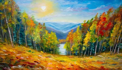 Fotobehang oil painting landscape colorful forest © Sawyer