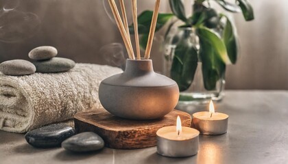 cozy corner for home meditation and relaxation aroma diffuser burning candles stones for comfort pleasure aromatherapy decor for apartment house indoors design banner