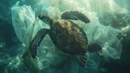 Foto op Canvas Plastic Pollution In Ocean - Turtle Eat Plastic Bag Environmental Problem © buraratn