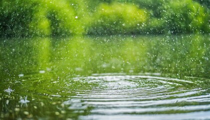 Obraz na płótnie Canvas rain falling on green lake water surface raindrops abstract nature macro background