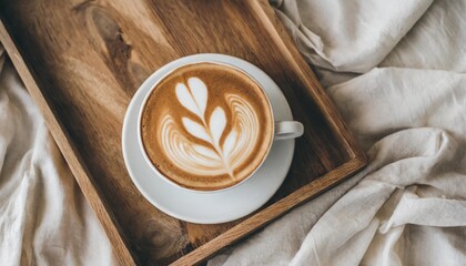 top view detail of wooden tray with hot latte art coffee flat lay on the bed with neutral color...