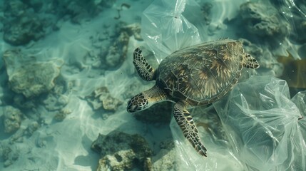 Fototapeta premium Plastic pollution in ocean environmental problem. Turtles can eat plastic bags mistaking them for jellyfish