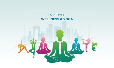 Yoga Vector illustration. Yoga Day banner poster with group of people, worker and employee practicing yoga. 21 june international yoga day background.
