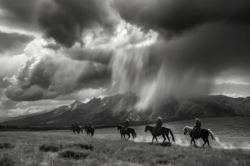 portrait of cowboys riding next to a rain storm in the mountains 