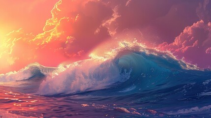 rough colored ocean wave falling down at sunset time - obrazy, fototapety, plakaty