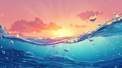 Sea water design template with underwater part and sunset skylight splitted by waterline. Water with air bubbles in sunlight - obrazy, fototapety, plakaty
