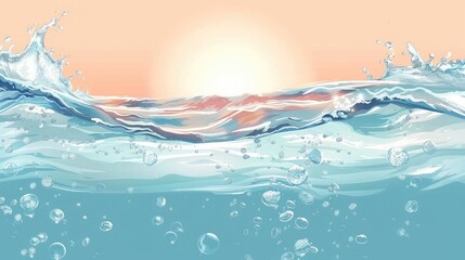 Sea water design template with underwater part and sunset skylight splitted by waterline. Water with air bubbles in sunlight