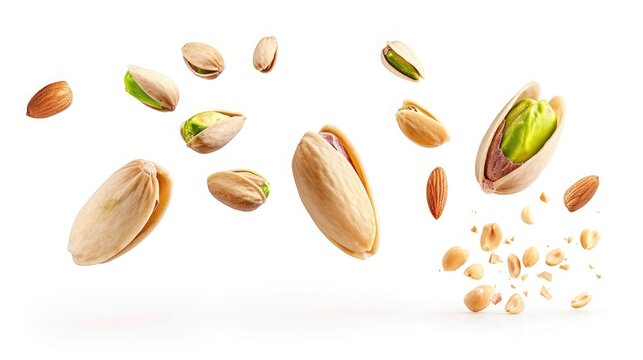 set with Flying in air fresh raw whole and cracked pistachios, almonds and hazelnut isolated on white background.