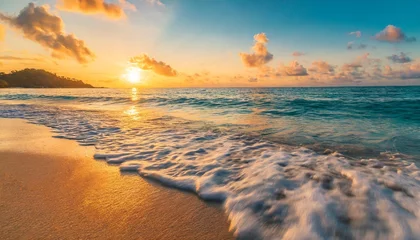 Fototapete Rund peaceful nature scenic relax paradise amazing closeup view of calm ocean bay waves with orange sunrise sunset sunlight tropical island vacation holiday beach landscape exotic sea shore coast © Sawyer