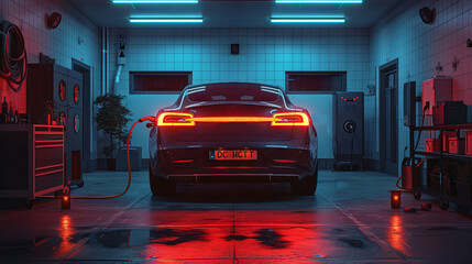 Electric car charging in the garage at night. - obrazy, fototapety, plakaty