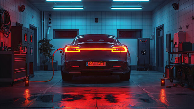 Fototapeta Electric car charging in the garage at night.