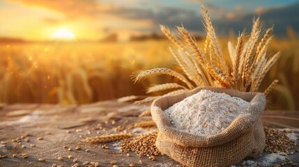 wheat flour in bowl and grains in burlap bag on table with ripe cereal field on the background - obrazy, fototapety, plakaty
