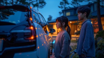 Japanese kids in front of a car with lights in the background of house in evening.