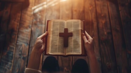beautiful cross on a bible on an altar in a church - obrazy, fototapety, plakaty