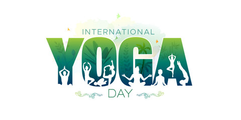 yoga day greeting card. International Yoga Day text with group of people practicing yoga background.
