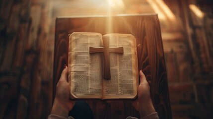 beautiful cross on a bible on an altar in a beautiful church in high resolution - obrazy, fototapety, plakaty