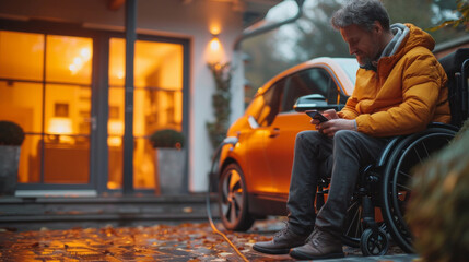 Mature disabled man in wheelchair using mobile phone while sitting in front of his car, while charging from electric. - obrazy, fototapety, plakaty