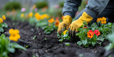 Fototapeta premium Closeup of gardeners female hands wearing yellow rubber gloves, planting young flowers seedlings at garden bed. Gardening background concept with copy space.