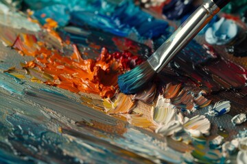 Close up of vibrant artist s oil paint palette and brushes on a plain background