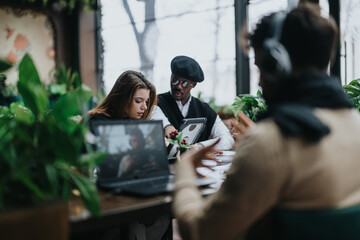 Multiethnic colleagues work collaboratively at a cozy cafe, sharing ideas on a project using digital tablet and laptop amongst greenery.
