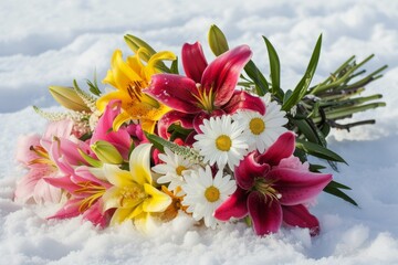 Obraz na płótnie Canvas Colorful lilies and daisies on snow