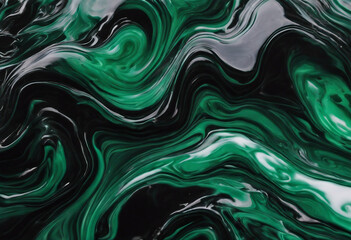 Obraz premium Acrylic Fluid Art Black marble background with dark green waves Abstract background or texture Green and black swirl