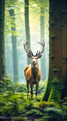 portrait of a big horned deer in the forest