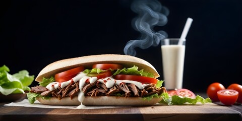 döner kebab sandwich with shredded meat , lettuce , tomatoes , and white sauce on a wooden board with a dark background