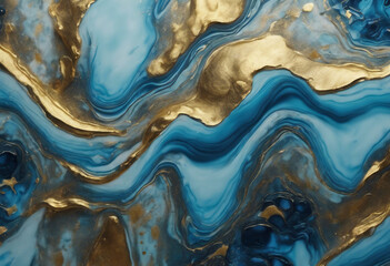 Acrylic Fluid Art Blue waves and gold inclusion Abstract stone background or texture with gold details - obrazy, fototapety, plakaty