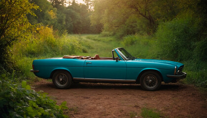 A vintage convertible cruises a country road, its relaxed passenger basking in the essence of freedom and the quintessential summer vibe, under the open sky.