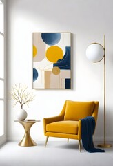 An interior design setup with a beige armchair with a yellow cushion, a small side table with a gold frame and a white top, a decorative vase with branches , a floor lamp with a gold stand