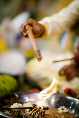 the Indian Yajna ritual. Indian Vedic fire ceremony called Pooja. A ritual rite, for many religious and cultural holidays and events in the Indian tradition. Hindu wedding vivah Yagya