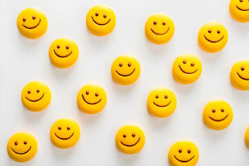 Smile face cookies pattern on white background. Flat lay, top view. AI generated