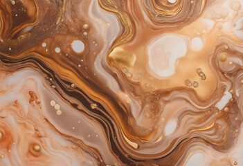 Acrylic Fluid Art Brown bubbles peach waves and gold inclusion Abstract stone background or texture