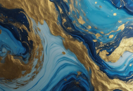 Acrylic Fluid Art Blue Waves And Gold Inclusion Abstract Stone Background Or Texture