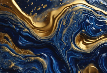 Acrylic Fluid Art Dark blue waves in abstract ocean and golden foam Marble effect background or text - obrazy, fototapety, plakaty