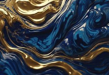 Acrylic Fluid Art Dark blue waves in abstract ocean and golden foam Marble effect background or text