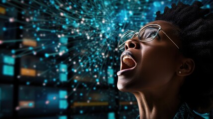 Business person overloaded by stress from business data and information that come from work, technology, social media and marketing business strategy received by a corporate employee