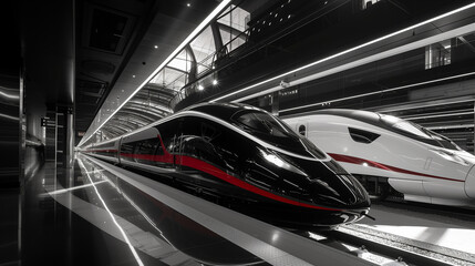 Black and white high-speed trains standing at a train station. The colors of image are black and white with a bright red accent. The concept of reducing emissions by increasing rail transportation. - obrazy, fototapety, plakaty