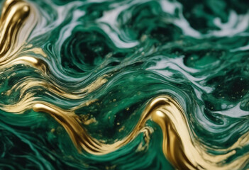 Acrylic Fluid Art Dark green waves in abstract ocean and golden foamy waves Marble effect background