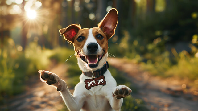 A cute dog in the middle of the woods standing on its hind legs with a Pick Me sign on its collar.