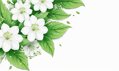 White flowers with green leaves on a white background with space for text_2