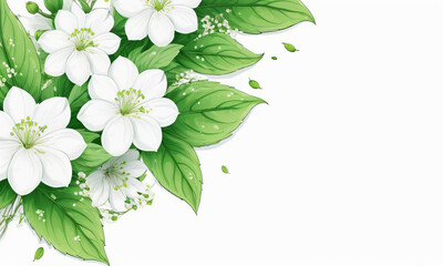 Fototapeta premium White flowers with green leaves on a white background with space for text_2