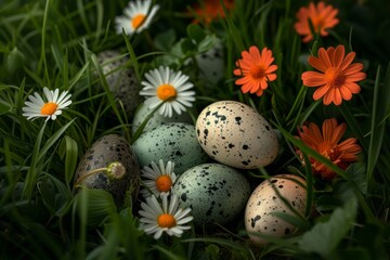 Obraz premium Happy Easter Eggs Basket Dotted designs. Bunny in flower easter bloom decoration Garden. Cute hare 3d snapdragon easter rabbit spring illustration. Holy week festive card wallpaper easter cheer