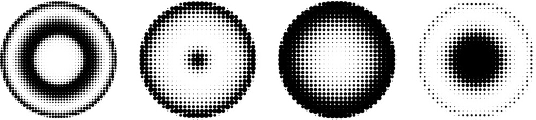 Circle halftones isolated. abstract dotted circles, round halftones geometric dots. vector illustration