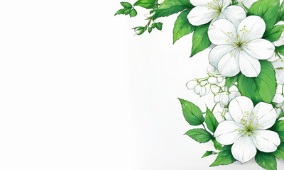 White flowers with green leaves on a white background with space for text_1