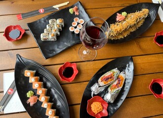 food ingredients,sushi with red wine, boston roll